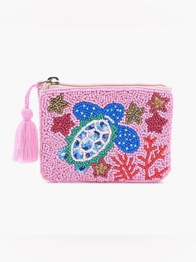 America & Beyond Pink Beaded Sea Turtle Zip Coin Pouch